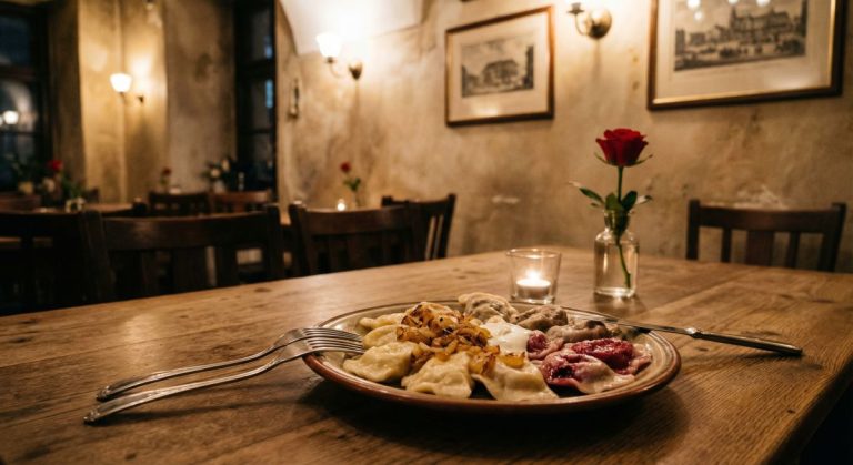 Talerz różnych pierogów podanych przy świecy i czerwonej róży w nastrojowej wrocławskiej restauracji, idealnej na romantyczną kolację bez dużych wydatków.