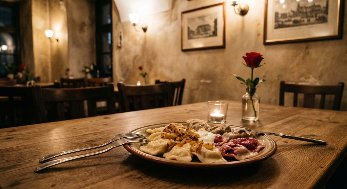 Talerz różnych pierogów podanych przy świecy i czerwonej róży w nastrojowej wrocławskiej restauracji, idealnej na romantyczną kolację bez dużych wydatków.