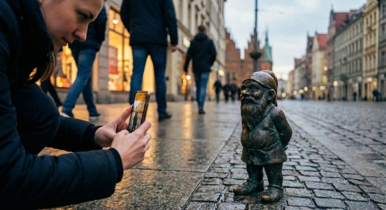 Turystka kuca na wrocławskim Rynku i fotografuje małego pomnikowego krasnala stojącego na mokrej kostce brukowej, symbol popularnej miejskiej gry w szukanie figurek.