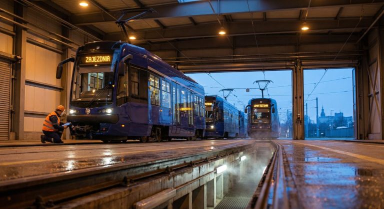 Wnętrze zajezdni tramwajowej o świcie, na pierwszym planie nowoczesny niebieski tramwaj z napisem „ZAJEZDNIA”, przy którym technik w pomarańczowej kamizelce robi przegląd, a w tle stoją kolejne składy, w tym tramwaj z napisem „LINIA TESTOWA”, co zapowiada nowe pojazdy, które mogą wkrótce wyjechać na tory Wrocławia.