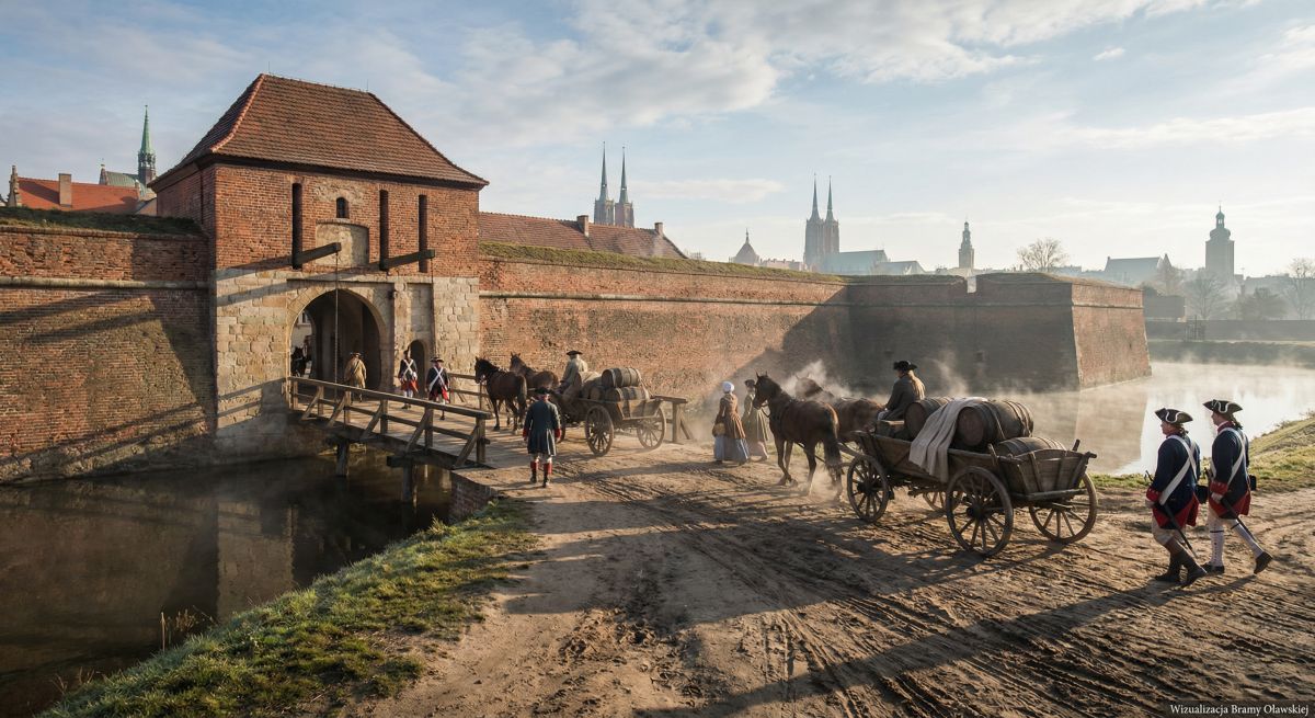 Rekonstrukcja Bramy Oławskiej i dawnych murów miejskich we Wrocławiu – wozy konne i żołnierze przechodzą przez most nad fosą.