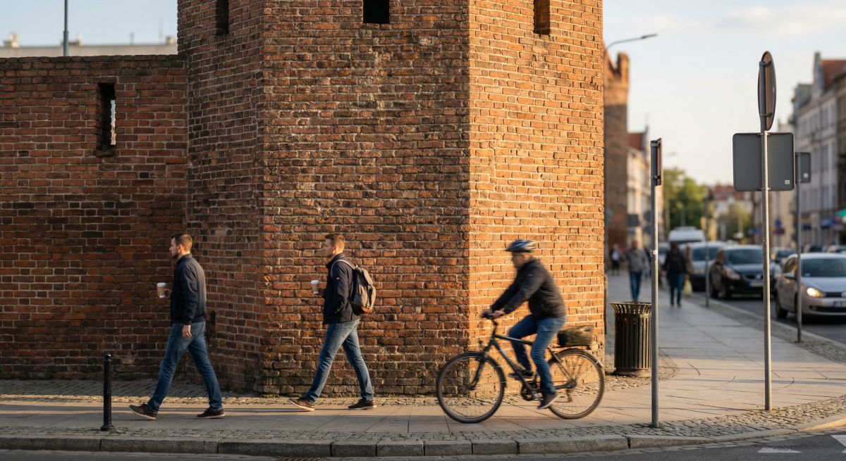 Fragment dawnych murów miejskich z czerwonej cegły we Wrocławiu; obok przechodnie i rowerzysta na ulicy w ciepłym, popołudniowym świetle.
