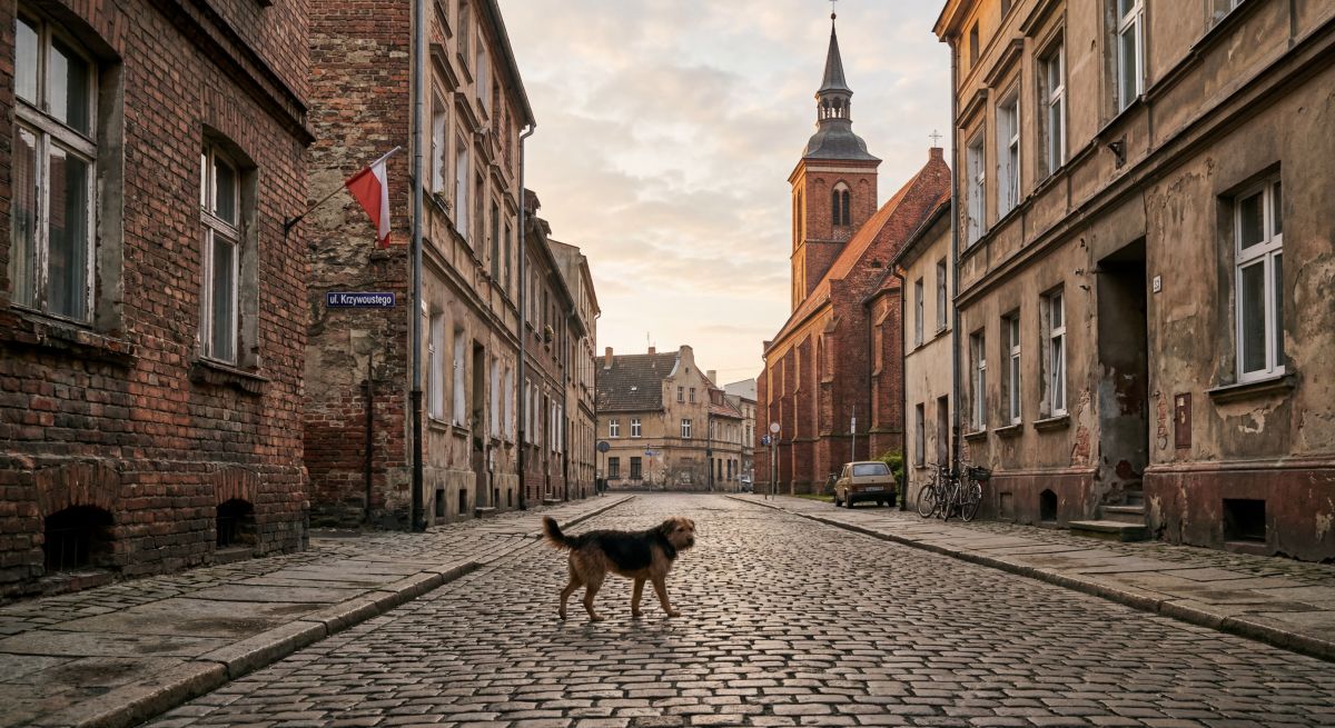 Pies przechodzi przez starą brukowaną ulicę Psiego Pola wśród historycznej zabudowy, ilustrując nieznaną historię miasta wchłoniętego przez metropolię.