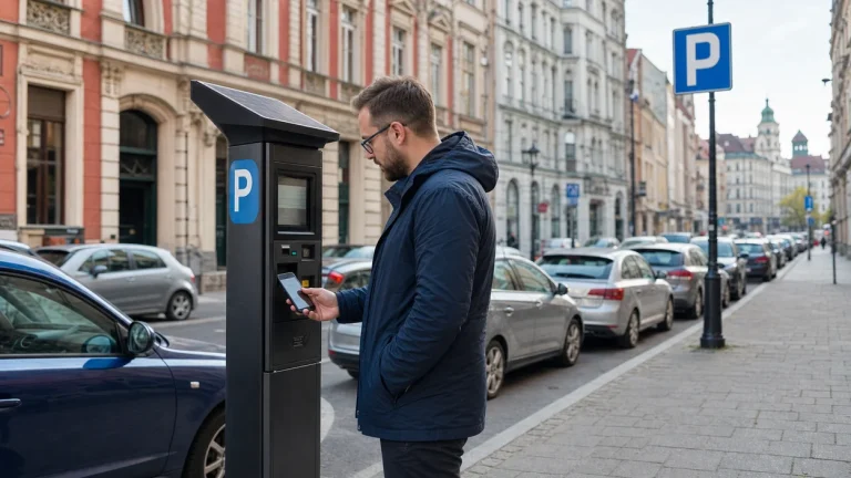 Kierowca płaci za postój przy parkomacie na ulicy w strefie płatnego parkowania we Wrocławiu.
