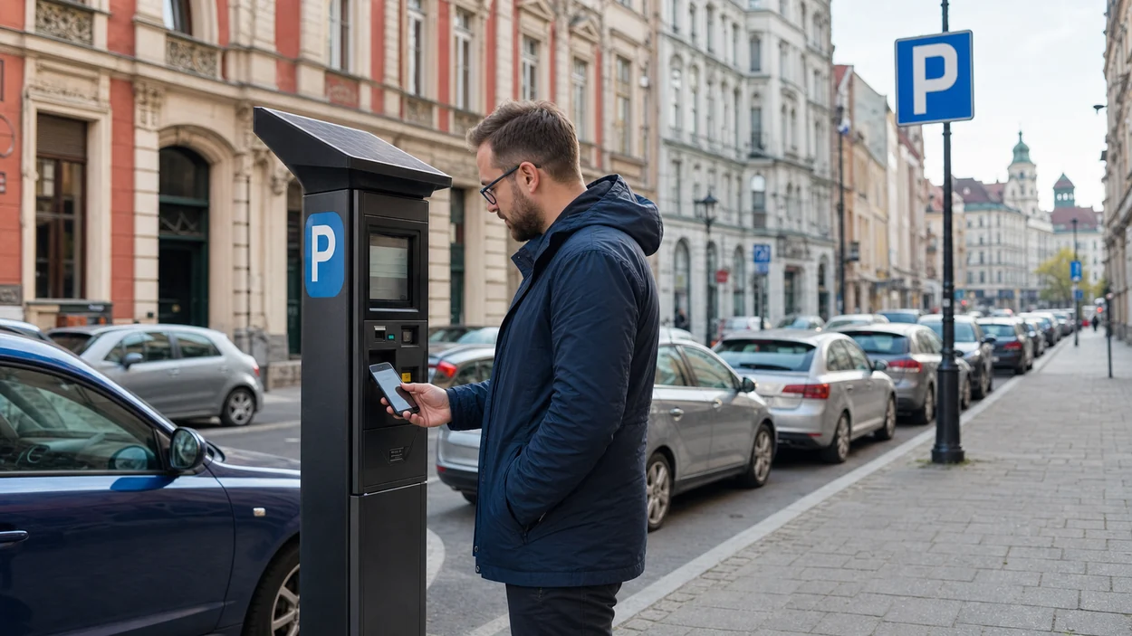 Kierowca płaci za postój przy parkomacie na ulicy w strefie płatnego parkowania we Wrocławiu.