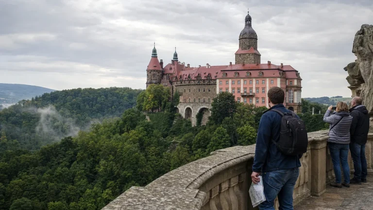 Zamek Książ na zalesionym cyplu nad doliną Pełcznicy, widok z tarasów