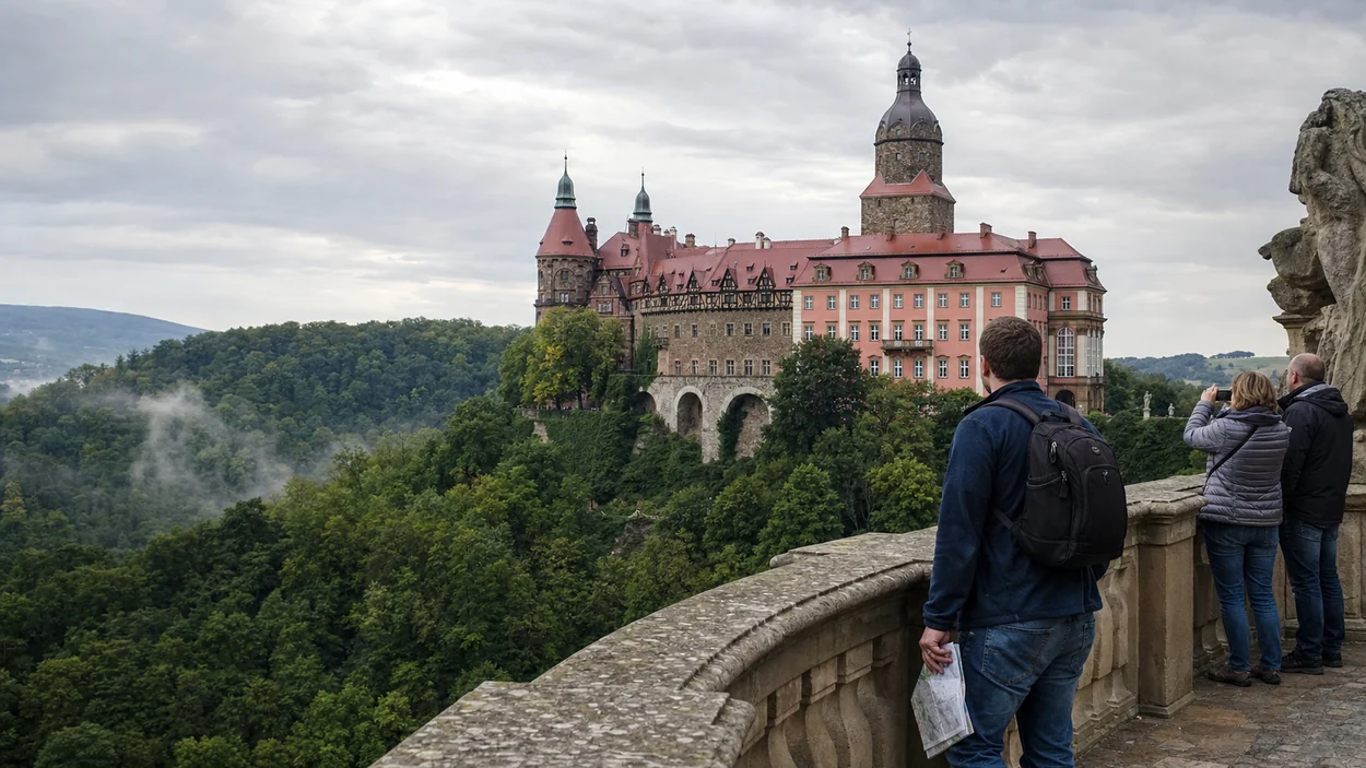 Zamek Książ na zalesionym cyplu nad doliną Pełcznicy, widok z tarasów