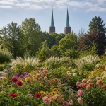 Rabaty kwiatowe Ogrodu Botanicznego we Wrocławiu, w tle wieże katedry na Ostrowie Tumskim.