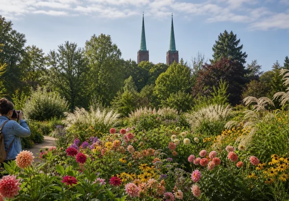 Rabaty kwiatowe Ogrodu Botanicznego we Wrocławiu, w tle wieże katedry na Ostrowie Tumskim.
