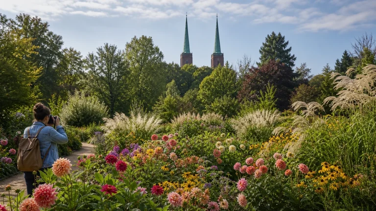 Rabaty kwiatowe Ogrodu Botanicznego we Wrocławiu, w tle wieże katedry na Ostrowie Tumskim.